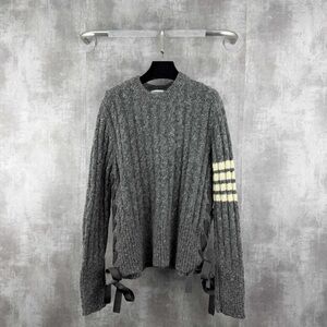Authentic Thom Browne Gray Cable Knit Sweater with White Stripes